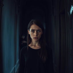 A young woman in a dark hallway of a gothic house, looking terrified as she stands frozen in fear