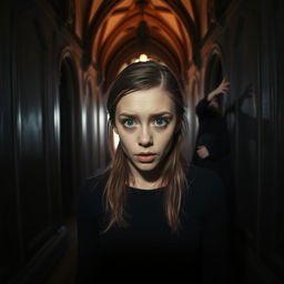 A young woman in a dark hallway of a gothic house, looking terrified as she stands frozen in fear