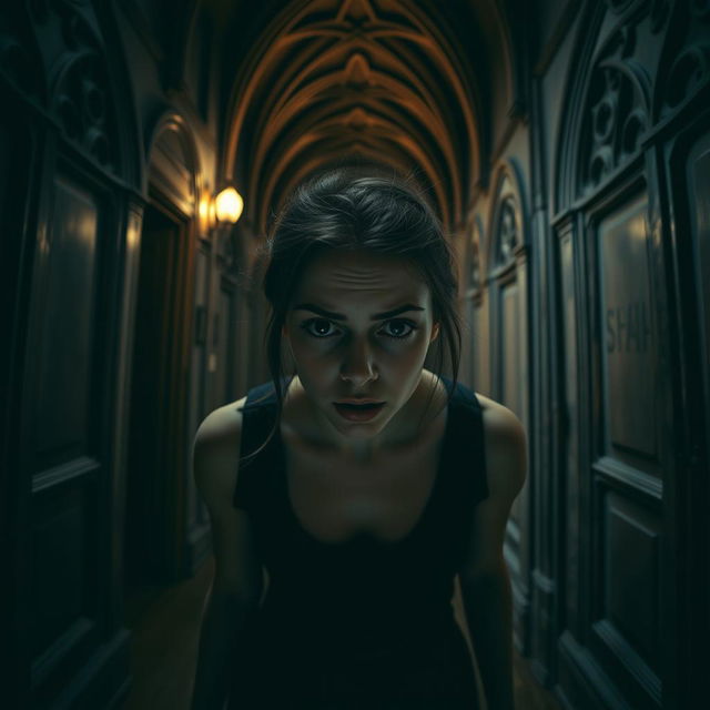 A young woman in a dark hallway of a gothic house, looking terrified as she stands frozen in fear