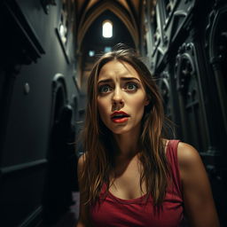 A young woman in a dark hallway of a gothic house, looking terrified as she stands frozen in fear