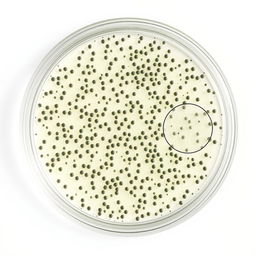 An overhead view of a petri dish containing a Zone of Inhibition experiment