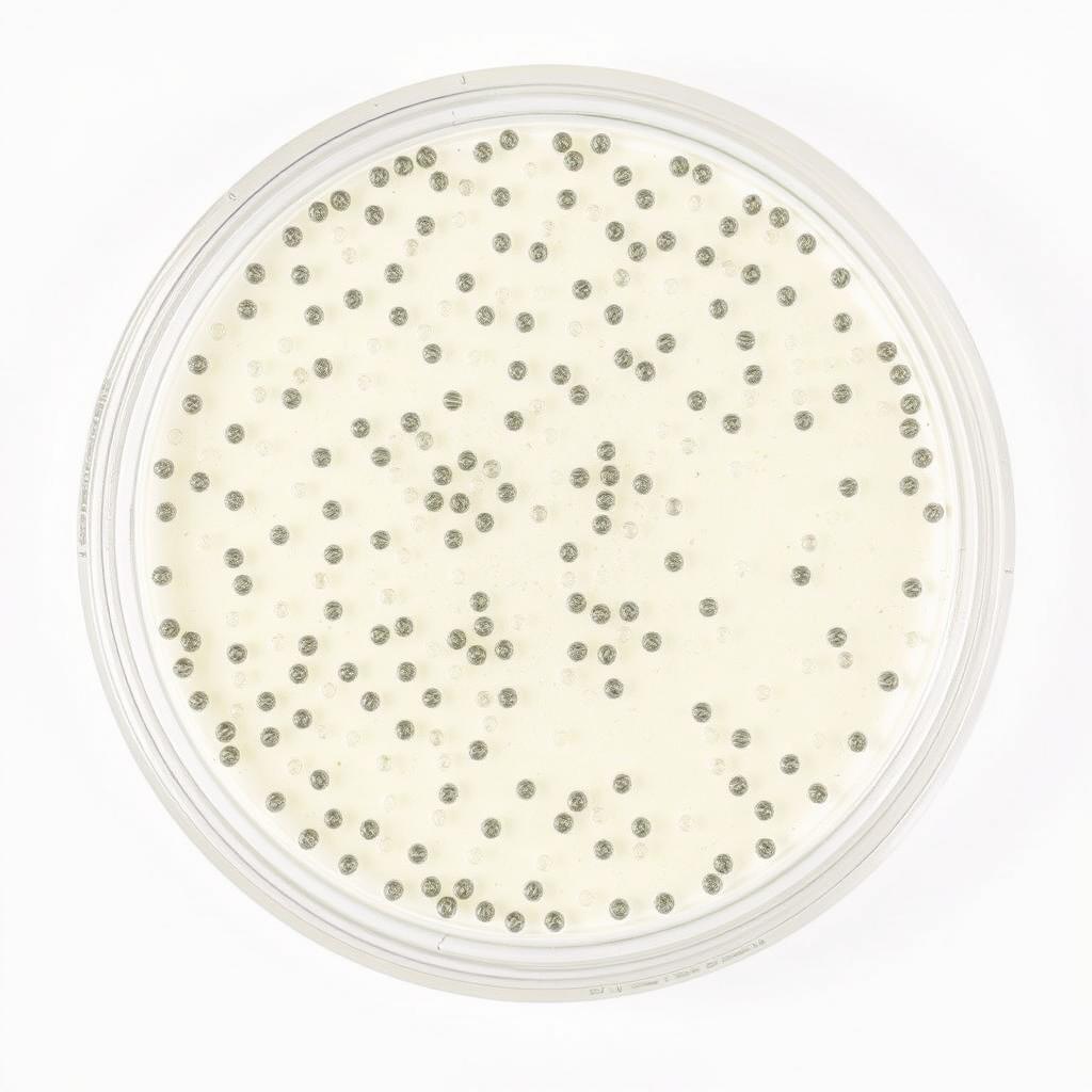 An overhead view of a petri dish containing a Zone of Inhibition experiment