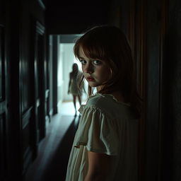 A girl in a dark hallway of a colonial house, with visible signs of terror on her face
