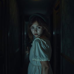 A girl in a dark hallway of a colonial house, with visible signs of terror on her face