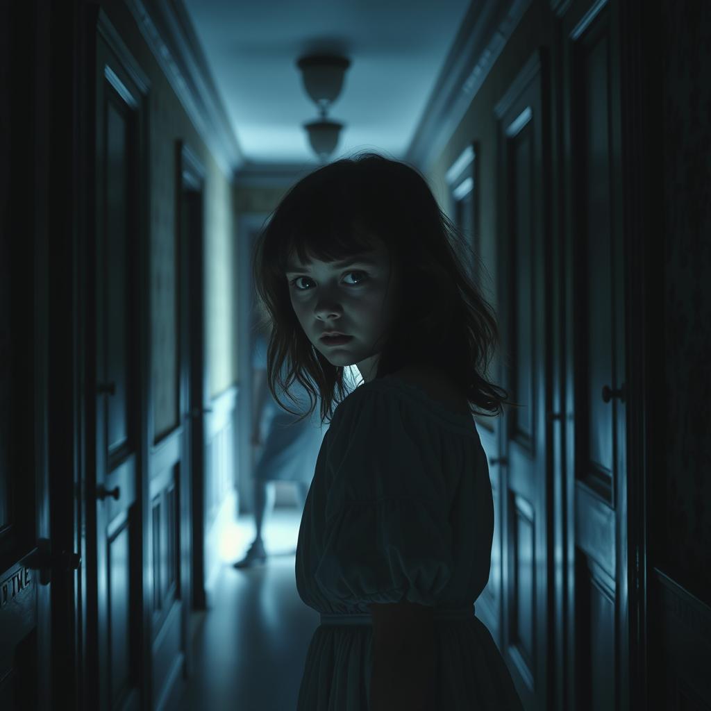 A girl in a dark hallway of a colonial house, with visible signs of terror on her face