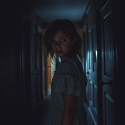 A girl in a dark hallway of a colonial house, with visible signs of terror on her face