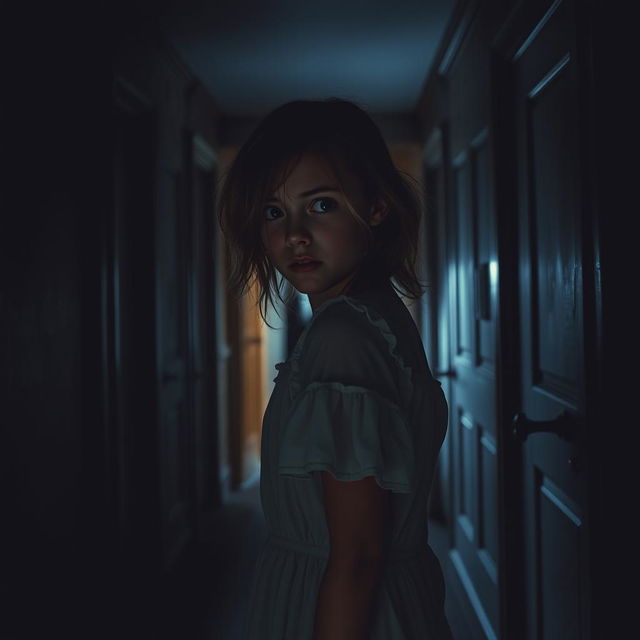 A girl in a dark hallway of a colonial house, with visible signs of terror on her face