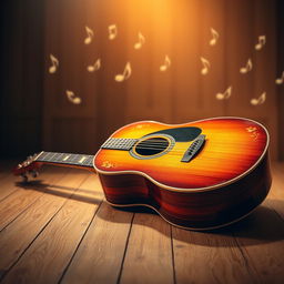 A beautifully crafted acoustic guitar resting on a wooden stage
