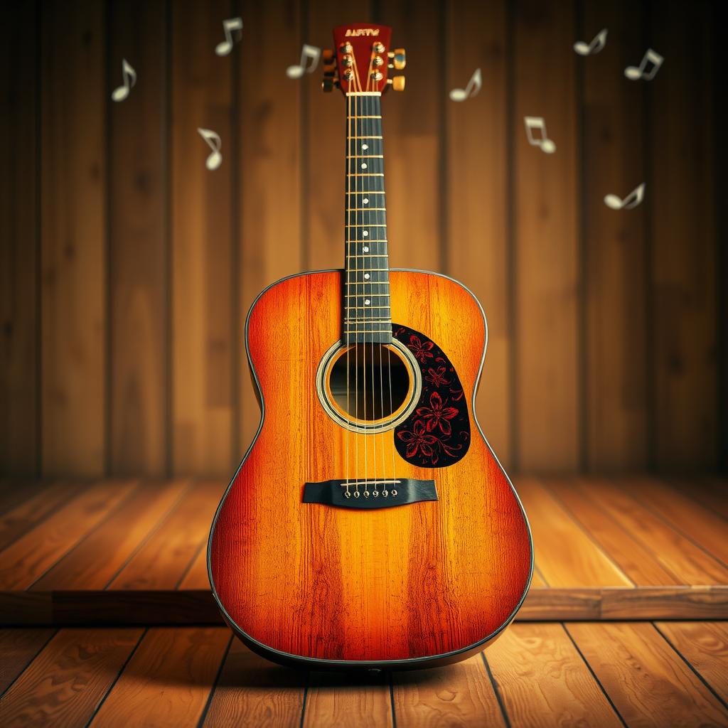 A beautifully crafted acoustic guitar resting on a wooden stage