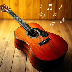 A beautifully crafted acoustic guitar resting on a wooden stage