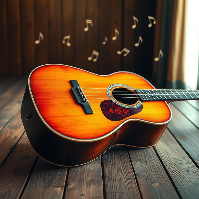 A beautifully crafted acoustic guitar resting on a wooden stage