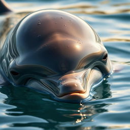 A close-up of a tired dolphin resting on the surface of the water, showcasing its gentle features and expressive eyes