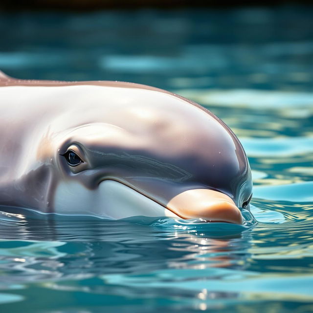 A close-up of a tired dolphin resting on the surface of the water, showcasing its gentle features and expressive eyes