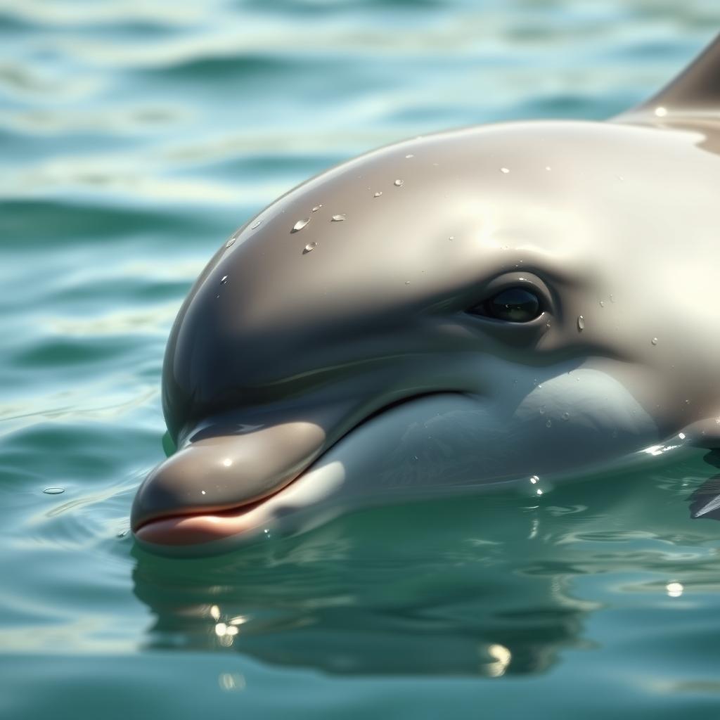 A close-up of a tired dolphin resting on the surface of the water, showcasing its gentle features and expressive eyes