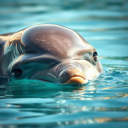 A close-up of a tired dolphin resting on the surface of the water, showcasing its gentle features and expressive eyes