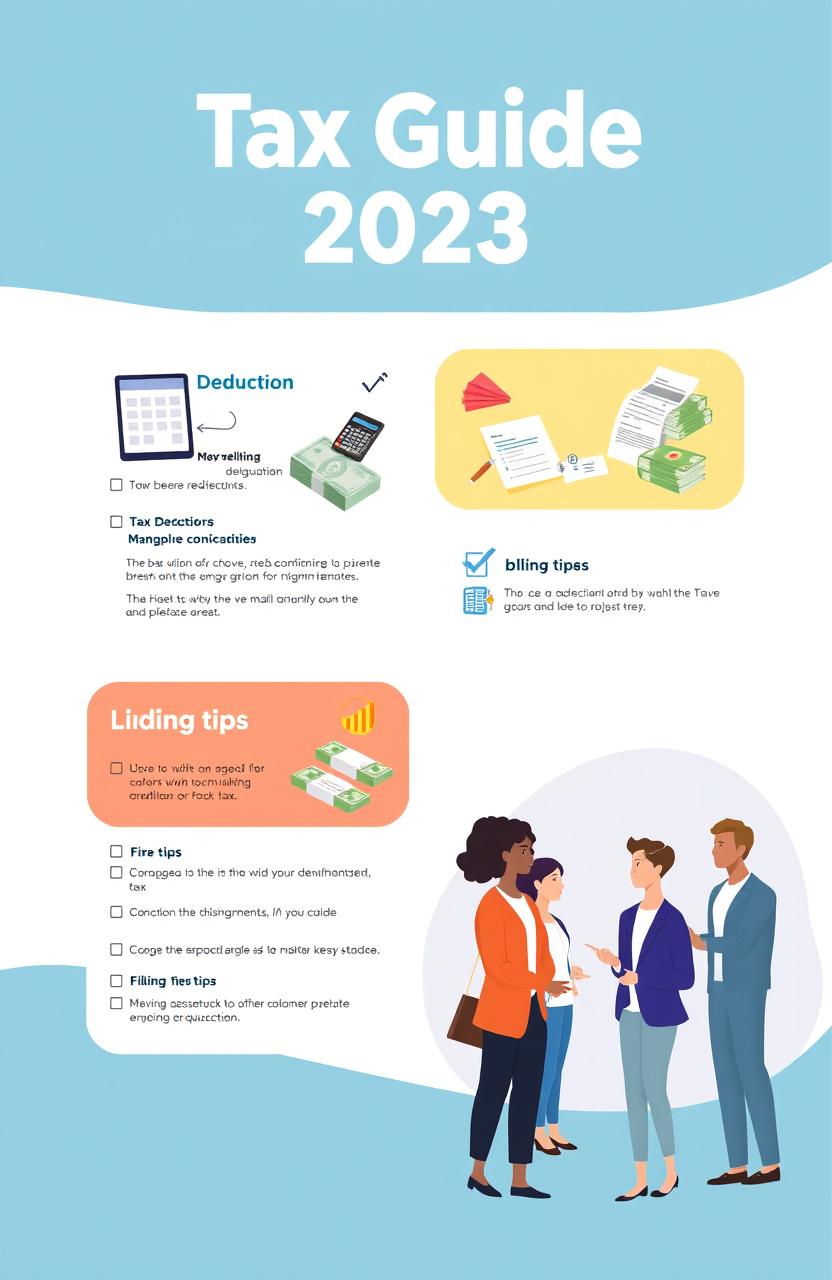 A visually appealing and informative tax guide featuring a well-organized layout with sections on tax deductions, credits, and filing tips