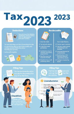 A visually appealing and informative tax guide featuring a well-organized layout with sections on tax deductions, credits, and filing tips