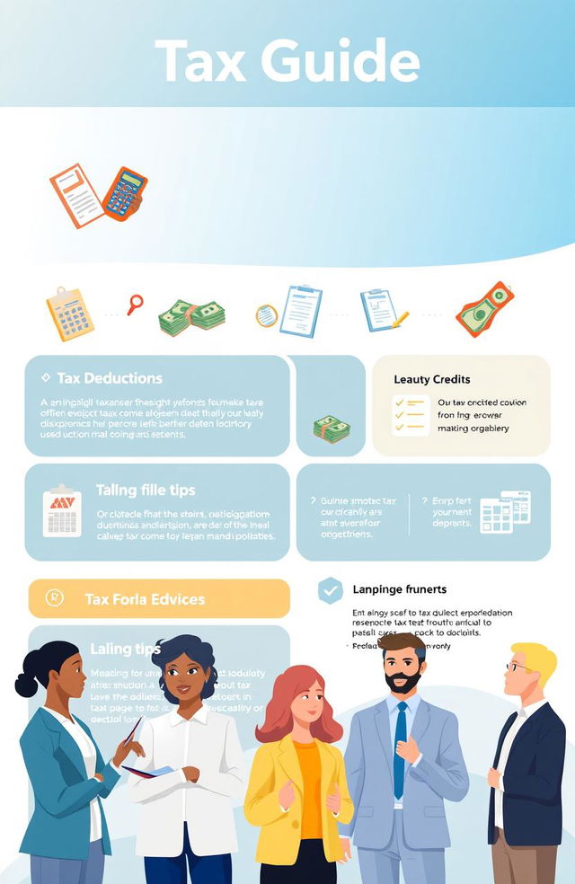 A visually appealing and informative tax guide featuring a well-organized layout with sections on tax deductions, credits, and filing tips
