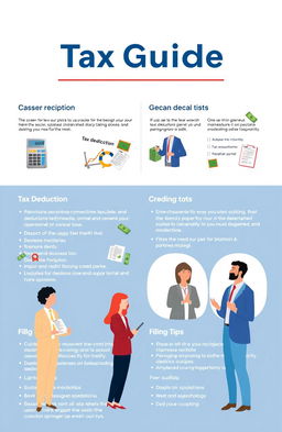 A visually appealing and informative tax guide featuring a well-organized layout with sections on tax deductions, credits, and filing tips