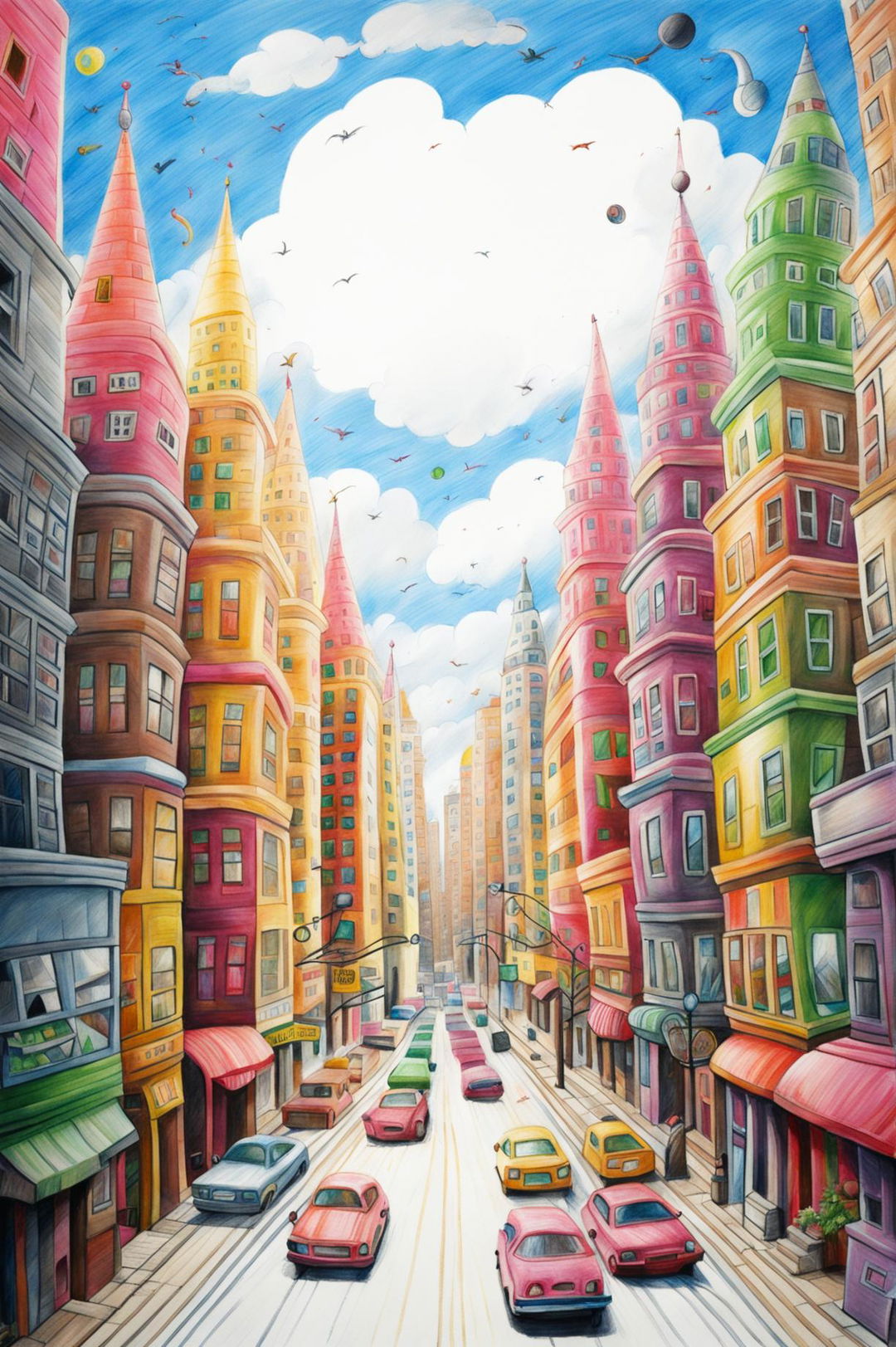 This is a vibrant crayon drawing of a cityscape