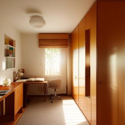 A meticulously organized study room boasting a comfortable bed and a spacious cupboard. The room is bathed in warm sunlight filtering through a window.