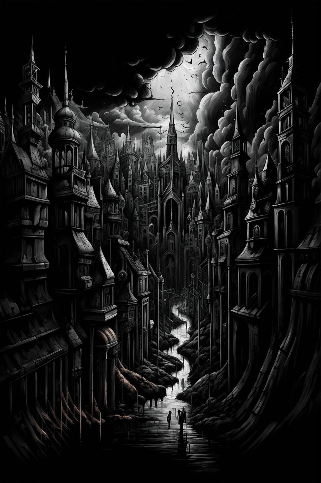 This is a hauntingly beautiful drawing of a grimdark cityscape