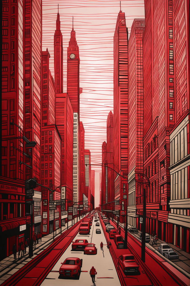 This is a striking cityscape drawing rendered in red ball-point pen on lined paper