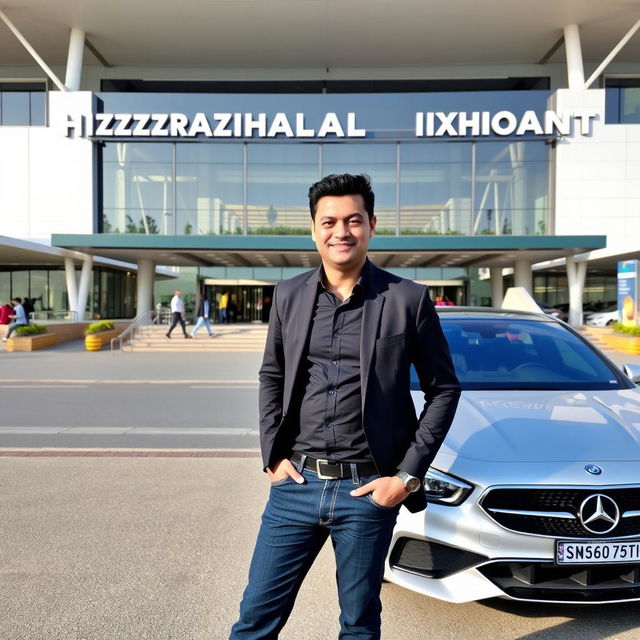 A man standing confidently in front of Hazrat Shahjalal International Airport, showcasing the modern architecture and design of the terminal in the background