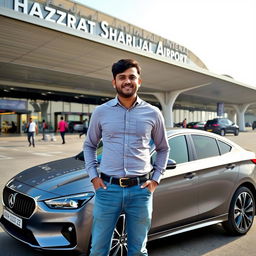 A man standing confidently in front of Hazrat Shahjalal International Airport, showcasing the modern architecture and design of the terminal in the background