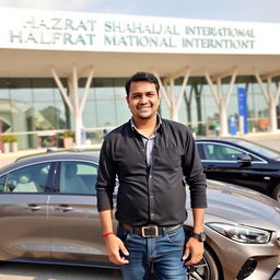 A man standing confidently in front of Hazrat Shahjalal International Airport, showcasing the modern architecture and design of the terminal in the background