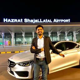 A man standing confidently in front of Hazrat Shahjalal International Airport, showcasing the modern architecture and design of the terminal in the background