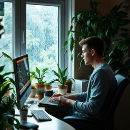 A cozy home office scene depicting a person sitting at a Mac computer, deeply focused on coding