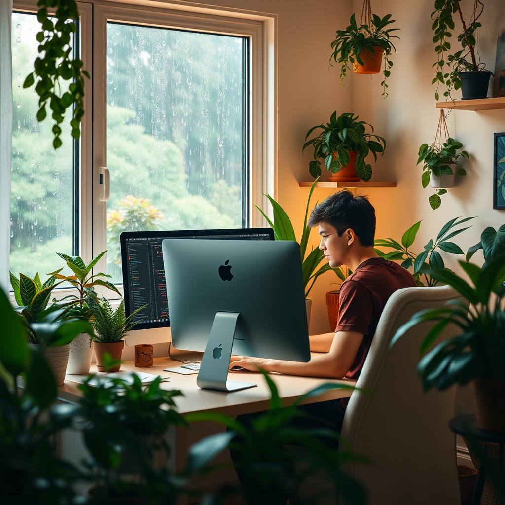 A cozy home office scene depicting a person sitting at a Mac computer, deeply focused on coding