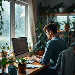 A cozy home office scene depicting a person sitting at a Mac computer, deeply focused on coding