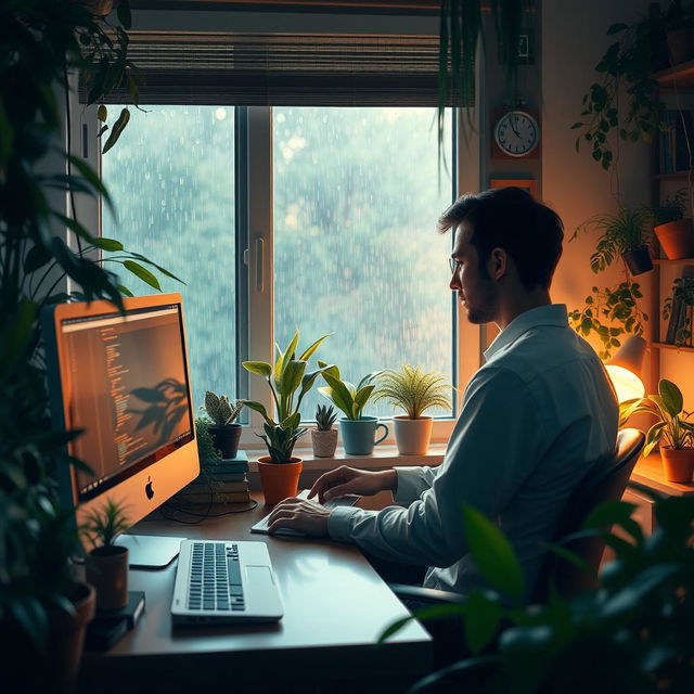 A cozy home office scene depicting a person sitting at a Mac computer, deeply focused on coding