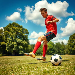 A dynamic scene capturing a person playing soccer on a grassy field