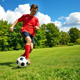 A dynamic scene capturing a person playing soccer on a grassy field