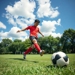 A dynamic scene capturing a person playing soccer on a grassy field