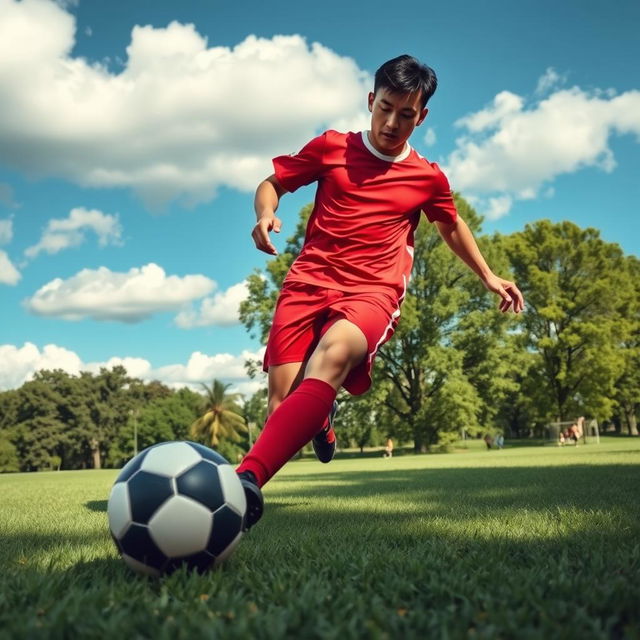 A dynamic scene capturing a person playing soccer on a grassy field