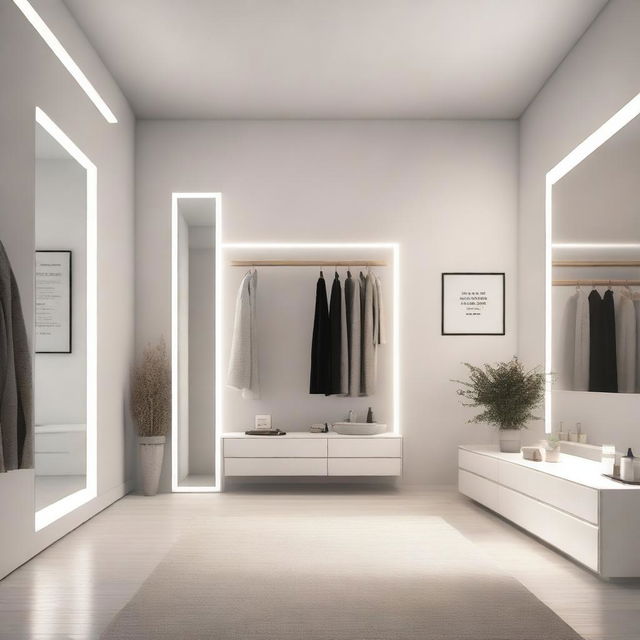 This is a digital art piece showcasing a spacious, white dressing room filled with natural light