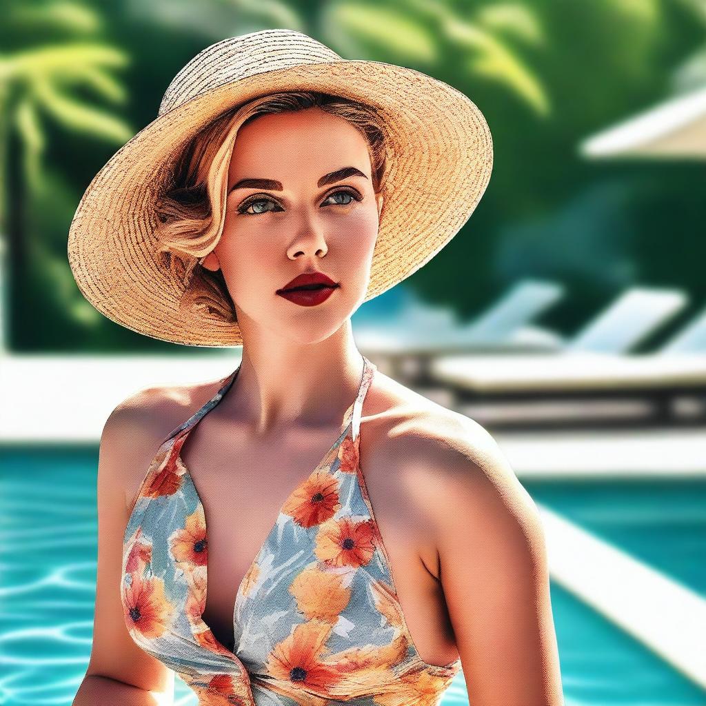 A high-quality digital art piece capturing Scarlett Johansson in a tasteful summer outfit, relaxing by a serene poolside