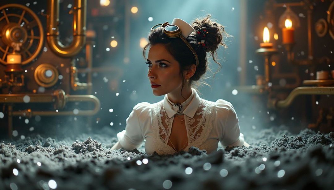 A steampunk nurse, elegantly outfitted with intricate gears, goggles, and Victorian-style accessories, dramatically rises from a bed of ash and smoke, set against a festive Christmas backdrop