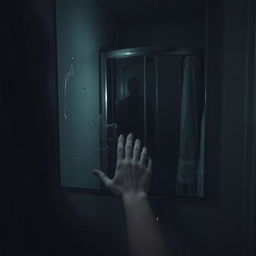 A woman's hand removing condensation from a bathroom mirror