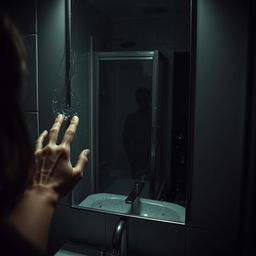 A woman's hand removing condensation from a bathroom mirror