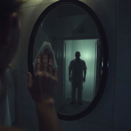 A woman's hand removing condensation from a bathroom mirror