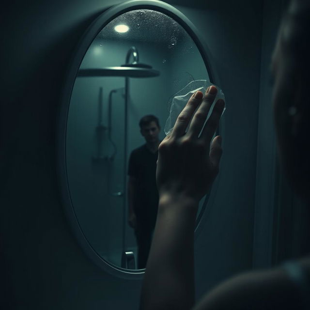 A woman's hand removing condensation from a bathroom mirror