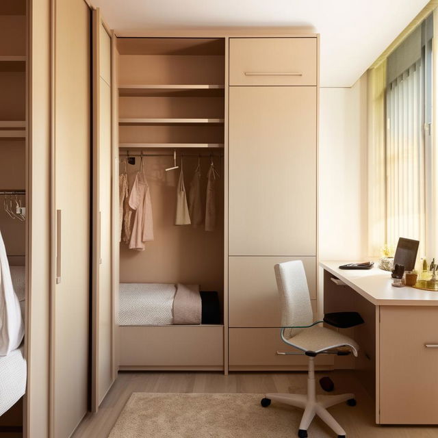 A meticulously organized study room boasting a comfortable bed and a spacious cupboard. The room is bathed in warm sunlight filtering through a window.