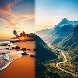 A stunning digital artwork seamlessly merging two distinct landscapes into one harmonious scene