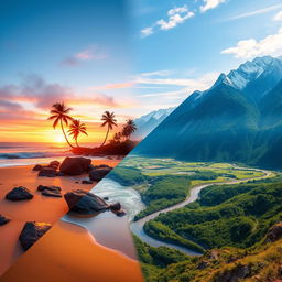 A stunning digital artwork seamlessly merging two distinct landscapes into one harmonious scene