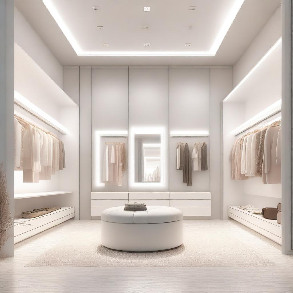 A high-quality digital art of a white dressing room in a clothing store